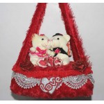 Red Bed Hanging Jhoola with Love Couple Teddy Bears